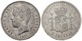 AMADEO I. 5 pesetas. 1871 *18-75. Madrid. AR 24,87 g. 37,54 mm. DEM. VII-36. Pequeñas marcas. MBC.