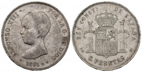 ALFONSO XIII. 5 pesetas. 1891 *18-91. Madrid. PGM. AR 25,1 g. 37,54 mm. VI-182. Pequeñas marcas. MBC/MBC+.