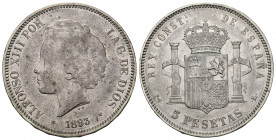 ALFONSO XIII. 5 pesetas. 1893 *18-93. Madrid. PGL. AR 24,96 g. 37,43 mm. VI-185. MBC/MBC+.