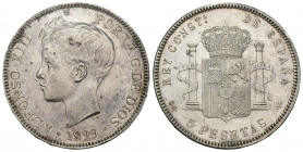 ALFONSO XIII. 5 pesetas. 1899 *18-99. Madrid. SGV. AR 24,81 g. 37,57 mm. VI-191. Manchitas. R.B.O. EBC.