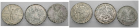 MONEDAS EXTRANJERAS. MÉXICO. Lote de 3 piezas. 1 peso (2: 1874, KM-408; 1908, KM-409.2) y 2 pesos (1921, KM-462). BC+/MBC+.