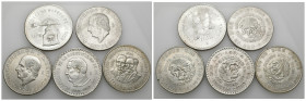 MONEDAS EXTRANJERAS. MÉXICO. Lote de 5 monedas. 10 pesos (4: 1955 y 1956, KM-474; 1956 KM-475; 1960 KM-476), 1 onza troy 1979 KM-49b. MBC+/SC.