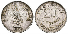 MONEDAS EXTRANJERAS. MÉXICO. 20 centavos. 1900. México. M. KM-405.2. AR 5,36 g. 22,2 mm. MBC+.