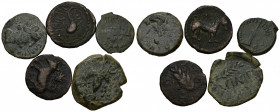 HISPANIA ANTIGUA. Lote de 5 bronces diferentes: Acinipo, Asido, Bailo y Carteia (2: semis y cuadrante). BC+/MBC-.