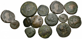 HISPANIA ANTIGUA. OBULCO. Lote de 12 piezas: as de 10 monedas en libra, doble, unidad, 6 ases diferentes y 3 semis diferentes. BC-/BC+.