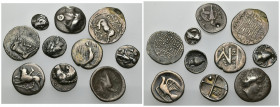 GRECIA ANTIGUA. Lote de 10 divisores en plata diferentes: Sicyon (2), Locris, Dyrrachium, Apollonia, Olimpia, Quersoneso, Thaos, Lamis y Atenas. Pesos...