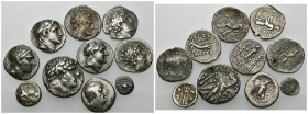 GRECIA ANTIGUA. Lote de 10 monedas diferentes: 7 dracmas , 1 didracma y 2 divisores. Antioco I, Seleuco I, Demetrio I, Alejandro I Bala, Antíoco III, ...