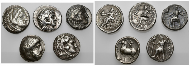 GRECIA ANTIGUA. Lote de 5 tetradracmas diferentes de Macedonia: Filipo II, Aleja...