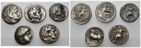 GRECIA ANTIGUA. Lote de 5 tetradracmas diferentes de Macedonia: Filipo II, Alejandro III (3) y Filipo III. BC+/MBC. Todas ex colección Guadán.