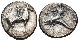 GRECIA ANTIGUA. CALABRIA. Tarento. Didracma. (c. 302-281 a.C.). A/ Jinete coronando su caballo a zq., debajo FILI/ARXOS. R/ Taras con racimo de uvas c...