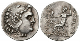 GRECIA ANTIGUA. MACEDONIA. A nombre de Alejandro Magno. Messembria (c. 250-175 a.C.). R/ Delante del trono casco corintio y DA, debajo HPA. AR 16,70 g...