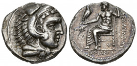 GRECIA ANTIGUA. MACEDONIA. Alejandro III. Amathus. Tetradracma (c. 325-323 a.C.). R/ Delante del trono águila volando y debajo del trono signo chiprio...
