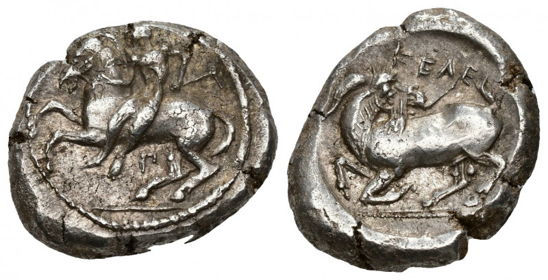 GRECIA ANTIGUA. CILICIA. Kelenderis. Estátera (450-400 a.C.). A/ Jinete con láti...