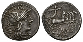 REPÚBLICA ROMANA. ABURIA. C. Aburius Geminus. Denario. Roma (132 a.C.). A/ Cabeza de Roma a der., delante símbolo del Denario., detrás GEM. R/ Sol con...