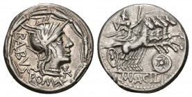 REPÚBLICA ROMANA. ACILIA. Mn. Acilius Balbus. Denario. Roma (125 a.C.). A/ Cabeza de Roma a der., delante símbolo del Denario., detrás BALBVS, debajo ...