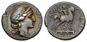 REPÚBLICA ROMANA. AEMILIA. Mn. Aemilius Lepidus. Denario. Roma (114-113 a.C.). A/ Cabeza femenina laureada y diademada a der. (¿Roma?); detrás símbolo...