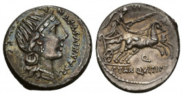 REPÚBLICA ROMANA. ANNIA. C. Annius y C. Tarquitus. Denario. Hispania (82-81 a.C.). A/ Cabeza femenina diademada a der., debajo balanza; C ANNIVS T F T...
