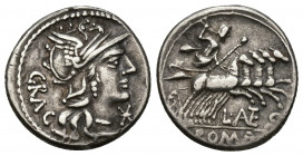 REPÚBLICA ROMANA. ANTESTIA. L. Antestius Gragulus. Denario. Roma. (136 a.C.). A/ Cabeza de Roma a der., detrás GRAG. R/ Júpiter con cetro en cuadriga ...