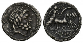 REPÚBLICA ROMANA. ANTONIA. Q. Antonius Balbus. Denario. Roma. (104 a.C.). A/ Cabeza laureada de Júpiter a der., delante B, detrás S C. R/ Victoria en ...