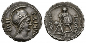 REPÚBLICA ROMANA. AQUILIA. Mn. Aquilius Mn. F. Mn. Denario. Roma (71 a.C.). A/ Busto de Virtus a der., delante VIRTVS, detrás III VIR. R/ Manlio Aquil...