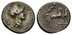 REPÚBLICA ROMANA. CIPIA. M. Cipius M. f. Denario. Roma (115-114 a.C.). A/ Cabeza de Roma a der., delante M CIPI M F, detrás X. R/ Victoria en biga a d...