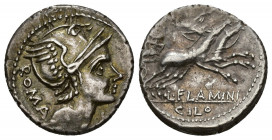 REPÚBLICA ROMANA. FLAMINIA. Lucius Flaminius Cilo. Denario. Roma (109-108 a.C.). A/ Cabeza de Roma a der., detrás ROMA. R/ Victoria en biga a der., de...