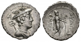 REPÚBLICA ROMANA. MAMILIA. C. Mamilius Limetanus. Denario. Roma (82 a.C.). A/ Busto de Mercurio a der., detrás caduceo, encima A. R/ Ulises a der. lle...