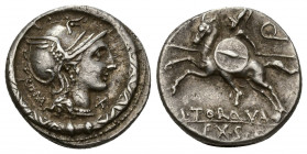 REPÚBLICA ROMANA. MANLIA. L. Manlius Torquatus. Denario. Roma (113-112 a.C.). A/ Cabeza de Roma a der., detrás ROMA, alrededor torques. R/ Jinete con ...