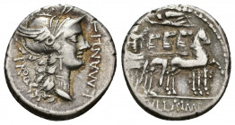 REPÚBLICA ROMANA. MANLIA. L. Sulla y L. Manlius. Denario. Ceca móvil (82 a.C.). A/ Cabeza de Roma a der., delante L MANLI-T, detrás PROQ. R/ Sila en c...