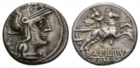 REPÚBLICA ROMANA. MARCIA. Q. Marcius Philipus. Denario. Roma (129 a.C.). A/ Cabeza de Roma a der. R/ Jinete macedonio a der., detrás casco macedonio, ...