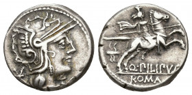 REPÚBLICA ROMANA. MARCIA. Q. Marcius Philipus. Denario. Roma (129 a.C.). A/ Cabeza de Roma a der. R/ Jinete macedonio a der., detrás casco macedonio, ...