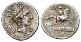 REPÚBLICA ROMANA. MARCIA. L. Marcius Philipus. Denario. Roma (129 a.C.). A/ Cabeza de Filipo con casco de cuernos a der., detrás monogram ROMA, delant...