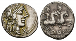 REPÚBLICA ROMANA. MINUCIA. M. Minucius Rufus. Denario. Roma (122 a.C.). A/ Cabeza de Roma a der., detrás (R)VF. R/ Dióscuros a der., debajo Q MINV/ ex...