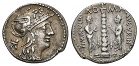 REPÚBLICA ROMANA. MINUCIA. Ti. Minucius Augurinus. Denario. Roma (134 a.C.). A/ Cabeza de Roma a der. R/ Dos togados flanqueando columna jónica remata...