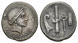 REPÚBLICA ROMANA. NORBANA. C. Norbanus. Denario. Roma (83 a.C.). A/ Cabeza de Venus, detrás XI?, debajo C NORBANVS. R/ Fasces entre rostrum, espiga y ...