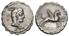 REPÚBLICA ROMANA. PAPIA. L. Papius. Denario. Roma (79 a.C.). A/ Cabeza de Juno Sospita a der., detrás símbolo. R/ Grifo saltando a der. debajo flauta ...