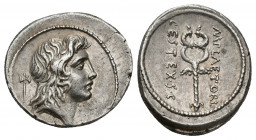 REPÚBLICA ROMANA. PLAETORIA. M. Plaetorius M. f. Cestianus. Denario. Roma (69 a.C.). A/ Cabeza de Bonus Eventus a der., detrás hacha. R/ Caduceo alado...