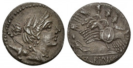 REPÚBLICA ROMANA. POSTUMIA. Aulus Postumius Albinus. Denario. Roma (131 a.C.). A/ Busto de Diana a der., detrás arco y carcaj, debajo (ROMA) R/Tres ji...
