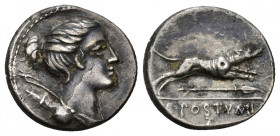REPÚBLICA ROMANA. POSTUMIA. C. Postumius At. Denario forrado. Roma (74 a.C.). A/ Busto de Diana a der. arco y carcaj al hombro. R/ Perro corriendo a d...