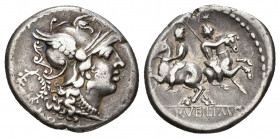 REPÚBLICA ROMANA. SERVILIA. C. Serveilius M. f. Augur. Denario. Roma (136 a.C.). A/ Cabeza de Roma a der., detrás corona, debajo ROMA. R/ Dióscuros ga...