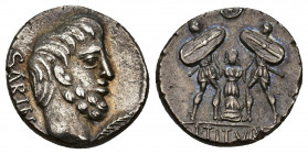 REPÚBLICA ROMANA. TITURIA. L. Titurius L. f. Sabinus. Denario. Roma (89 a.C.). A/ Cabeza de Tacio a der., delante palma, detrás SABIN. R/ Tarpeya de f...