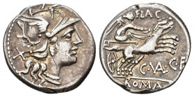 REPÚBLICA ROMANA. VALERIA. C. Valerius C. f. Flaccus. Denario. Roma (140 a.C.). A/ Cabeza de Roma a der. R/ Victoria en biga a der., encima FLAC, deba...