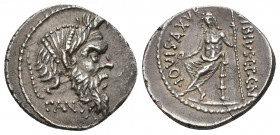 REPÚBLICA ROMANA. VIBIA. C. Vibus C. f. n. Pansa. Denario. Roma (48 a.C.). A/ Máscara de Pan a der., delante cayado, debajo PANSA. R/ Júpiter sentado ...