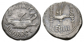 PERIODO DE JULIO CÉSAR A AUGUSTO. MARCO ANTONIO. Denario. Ceca móvil (32-31 a.C.). A/ Galera a der.; ANT. AVG III VIR. R. P. C. R/ Aquila entre dos si...