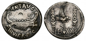 PERIODO DE JULIO CÉSAR A AUGUSTO. MARCO ANTONIO. Denario. Ceca móvil (32-31 a.C.). A/ Galera a der.; ANT. AVG III VIR. R. P. C. R/ Aquila entre dos si...