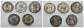 IMPERIO ROMANO. Lote de 5 antoninianos: Aureliano (1), Probo (3) y Maximiano (1). Todos con plateado original. MBC+/EBC-.