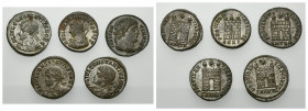 IMPERIO ROMANO. Lote de 5 follis reducidos: Constantino I (1), Crispo (1), Constantino II (2) y Constancio II (1). R.B.O. EBC-/EBC.