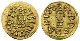 REINO VISIGODO. SISEBUTO. Tremissis. Cordoba. AU 1,4 g. 19 mm. CNV-216.2 anv./216.4 rev. EBC. Rara.