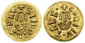 REINO VISIGODO. SINDILA. Tremissis. Tarraco. A/ + SINDILA REX. R/ + Co:PIV. TAPP. AU 1,47 g. 20 mm. CNV-339 corr. Rarísima: no más de 3 ejemplares con...