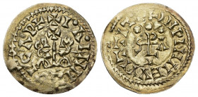 REINO VISIGODO. ÉGICA Y WITIZA. Tremissis. Ispali. Tres glóbulos sobre el monograma y estrella debajo. AU 1,24 g. 21,3 mm. CNV-566.18. EBC. Rara.